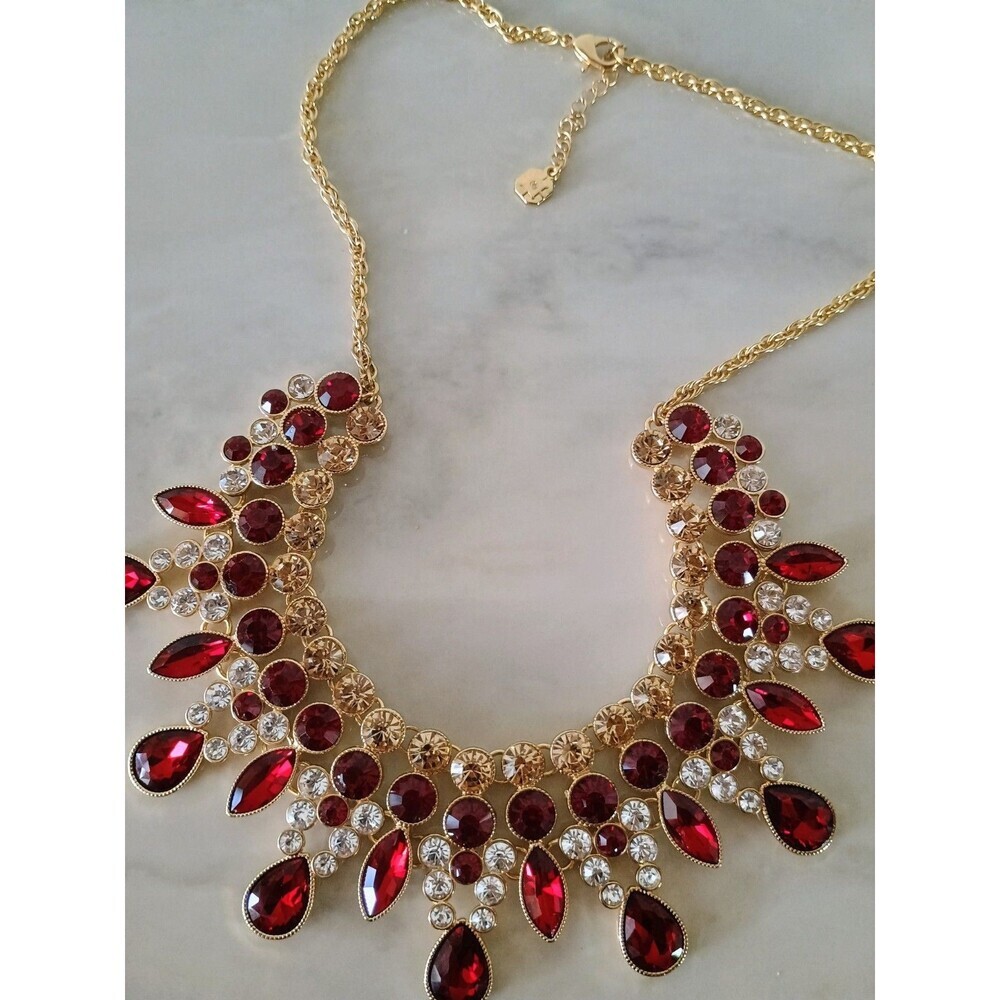 Monet Art Deco Statement Necklace Ruby Glass Drop Gold Tone